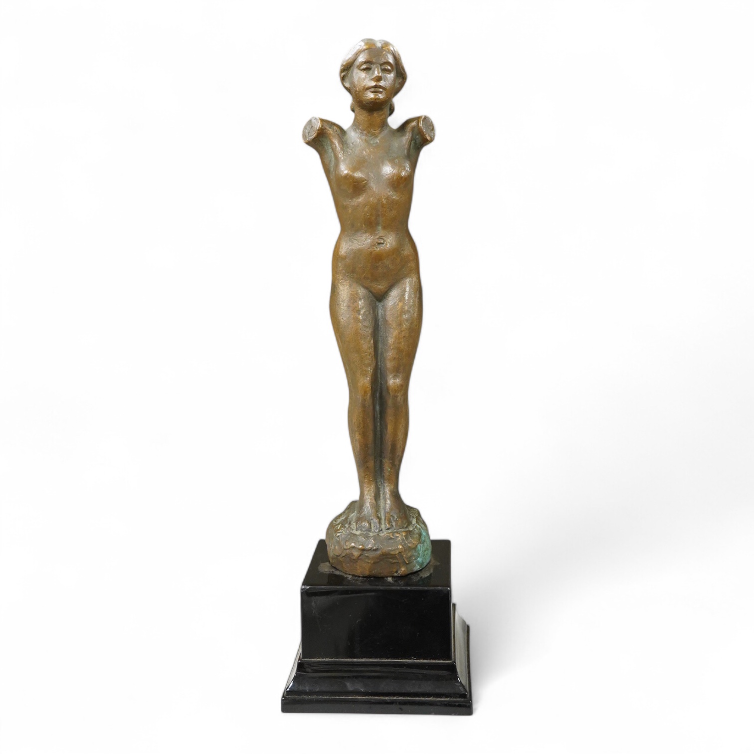 R. Schmitz, a German bronze study of a lady, raised on stepped base, 35cm high